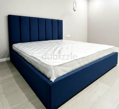 Stylish Blue Upholstered King Size Bed with Modern Design