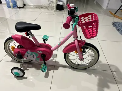 Pink Unicorn Childrens Bike with Basket and side wheels