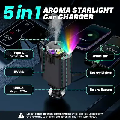 5 in 1 Aroma Starlight Car Charger: Perfect for On-the-Go Refreshment