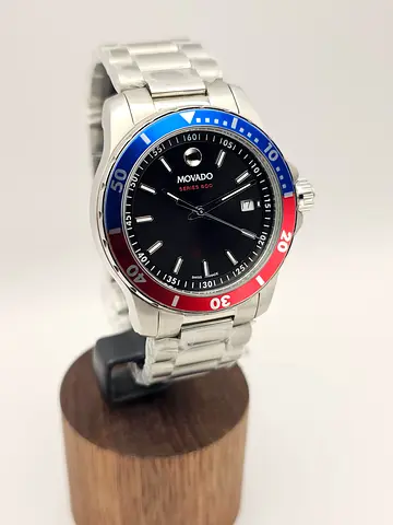 Movado Series 800 Quartz Black Dial Pepsi Bezel Mens Watch