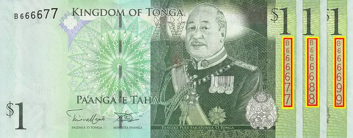 TONGA 1 PAANGA 3 FANCY SERIAL NUMBER BANKNOTES 2009