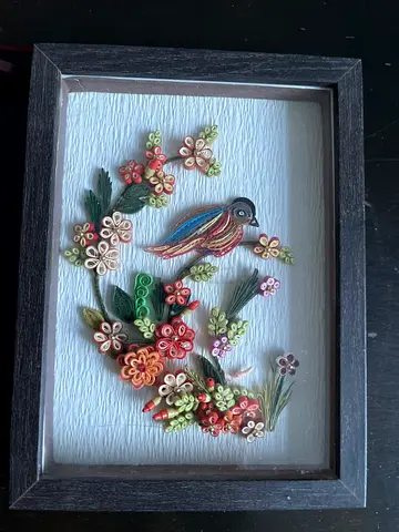 Framed Quilling Art of a Colorful Bird and Flowers