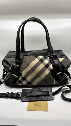 Burberry Black Beat Check Nylon and Patent Leather Buckle Satchel