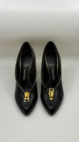 Tom Ford Black Leather Gold Tone Zipper Accent Heel - Size 36.5