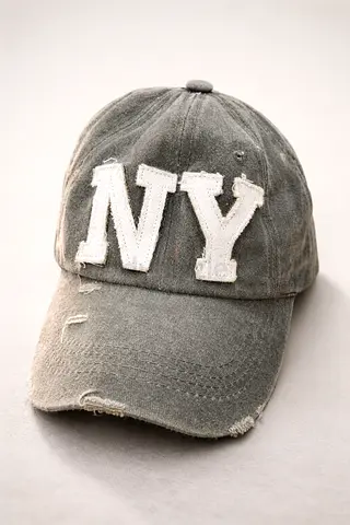 Vintage Distressed “NY” Baseball Cap, Washed Grey, Streetwear Style