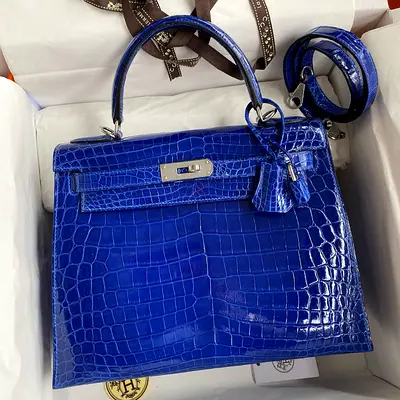 Hermes Kelly Sellier 28 in Blue Electric Niloticus Crocodile Shiny Skin