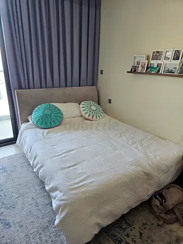 Cozy Queen Bed with Decorative Cushions, queen size with mattress 1 year old, excellent condition