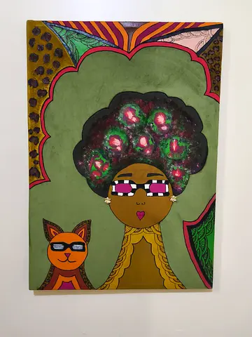 Colorful Wall Art Featuring a Stylish Woman and Cat