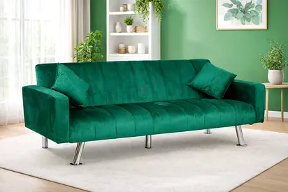 Stylish Green Velvet Convertible Sofa Bed – Luxury 3 Seater Sofa Cum Bed for Living Room