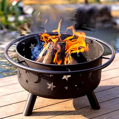 Zimtown 30 Inch Outdoor Fire Pit, Star and Moon Design, Small Wood Burning Firepit with Spark Screen