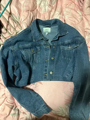 Denim rhinestone cropped jacket Brand New size 16 but can fit smaller sizes as oversized jacket