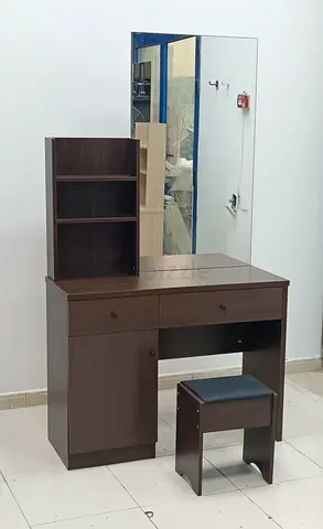 Elegant Brown Dressing Table with Mirror and Stool