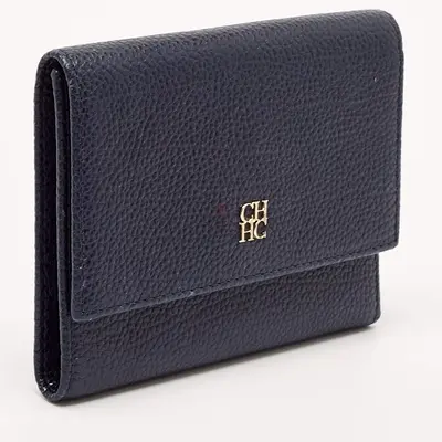 Carolina Herrera Navy Blue Leather Logo Trifold Wallet