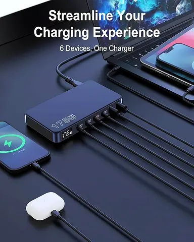 175W USB-C Charger, Ultra-Thin 6 Ports GaN Fast Charging Station
