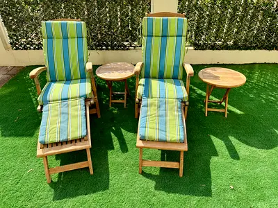 Premium Wooden Sun Loungers + Cushions + Side Tables (4pcs)