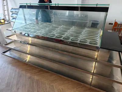 Stainless Steel Display Island for Nuts, spices, 30GN with heated lights, shelves and cabinets!