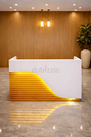 White Office Reception Desk with Lockable Drawer, LED Light  Sliding Tray for Reception Area