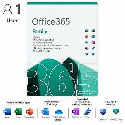 Microsoft Office 365 Family Own Email Genuine  Subscription 12 months with 1 Tb storage..