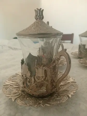 Antique Silver Tea Set with Glass Cups