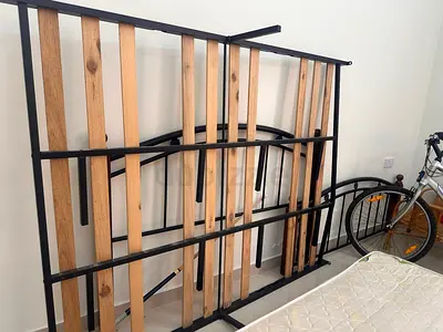 Sturdy Metal and Wood Bed Frame for Sale and 2 wooden chairs