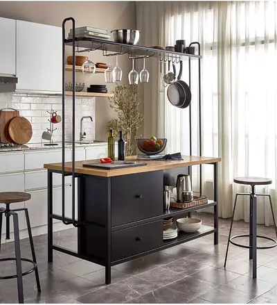 Stylish Kitchen Island with Hanging Rack