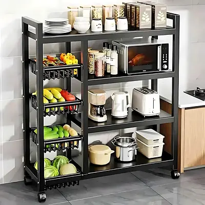 4-TIER METAL KITCHEN SHELF RACK WITH WHEELS – HEAVY-DUTY BLACK CARBON