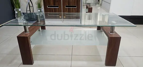 Stylish Glass Coffee Table with Wooden Base