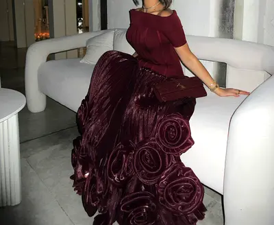 Elegant Burgundy Evening Gown with Floral Detail