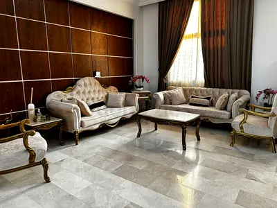 Elegant Beige Living Room Sofa Set with Gold Accents