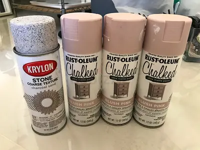 Rust-Oleum Chalked Ultra Matte (Blush Pink) and Krylon Stone Coarse Texture (Charcoal Sand) spray pa