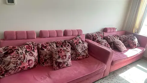 Elegant Pink Velvet Sofa Set with Floral Cushions