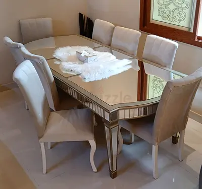 Dining table. Table and chairs for eight people.