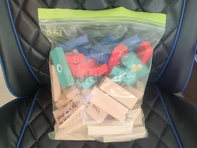 Melissa  Doug  71-piece wood block set and/or Jenga  Game– 4 colors