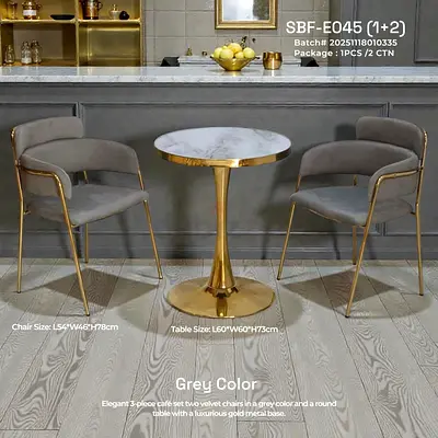 Elegant 3-Piece Café Set with Grey Cushioned Chairs