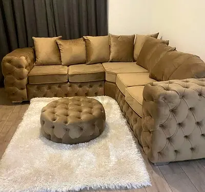 Elegant L-Shaped Velvet Sectional Sofa with Ottoman