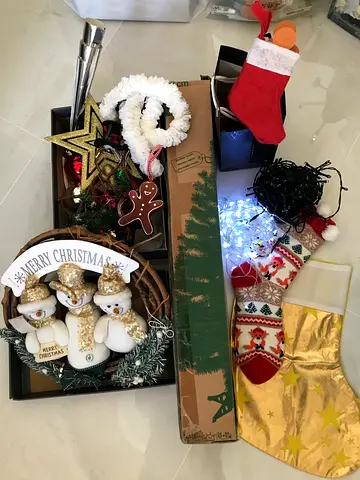 Christmas decorations and accessories. Tree, lanterns, stockings, and more. Includes a box with Chri