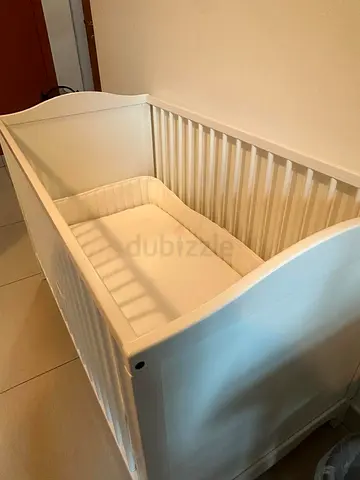 IKEA White Baby Crib + Mattress, Bumpers  Sheets – Excellent Condition
