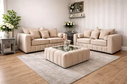 Elegant Beige Sofa Set with Glass Coffee Table