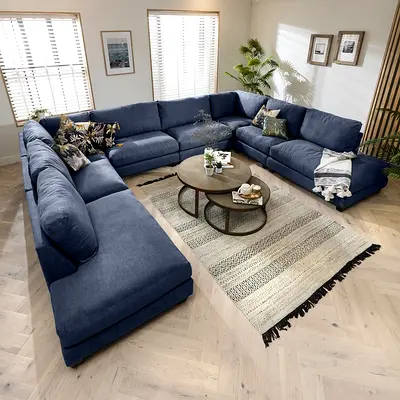 Spacious L-Shaped Blue Sofa