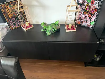 Stylish Black Storage Cabinet with Decorative Accents