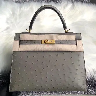 Hermes Kelly 25cm In Gris Asphalt Ostrich Skin