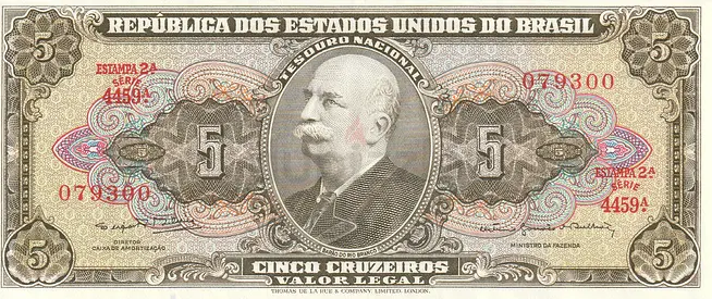 BRAZIL 5 CRUZEIROS BANKNOTE 1964