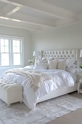 Elegant White Upholstered Bed with Decorative Accessories