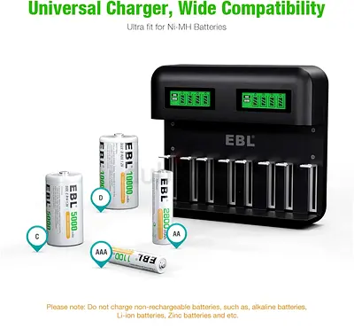 EBL LCD Universal Battery Charger - 8 Bay AA, AAA, C, D Rechargeable Battery Charger With 2A USB Por
