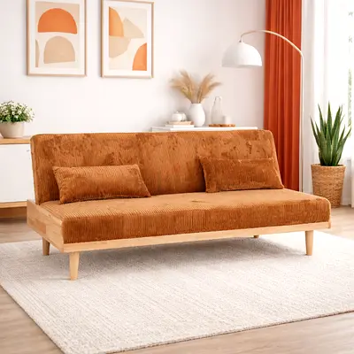 Modern Brown 3 Seater Convertible Sofa Bed - Sofa Cum Bed with Wooden Legs for Living Room