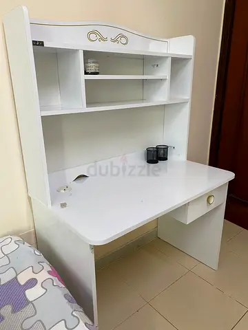 Stylish White Study Table with Shelves and Chair