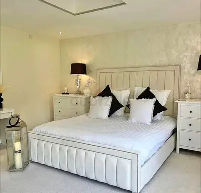 Super King Size Modern Wide Headboard Bed For Sale With Soft Velvet Look