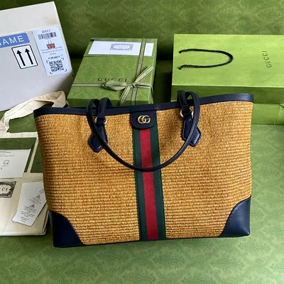 Gucci Ophidia GG Medium Tote Bag Camel Straw Effect Fabric Blue Leather