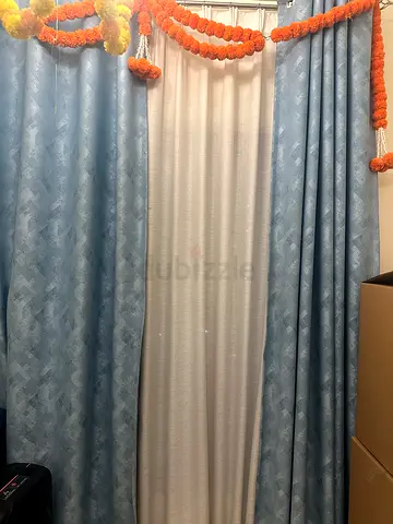 Elegant Blue and Golden Beige Design Curtains - with sheer curtains + rod + curtain holder (2.8m L)