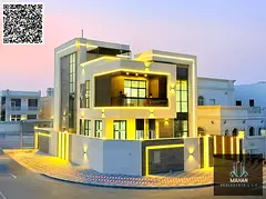 A luxurious corner villa on two streets, featuring a modern design, high-end finishes, and a garden,